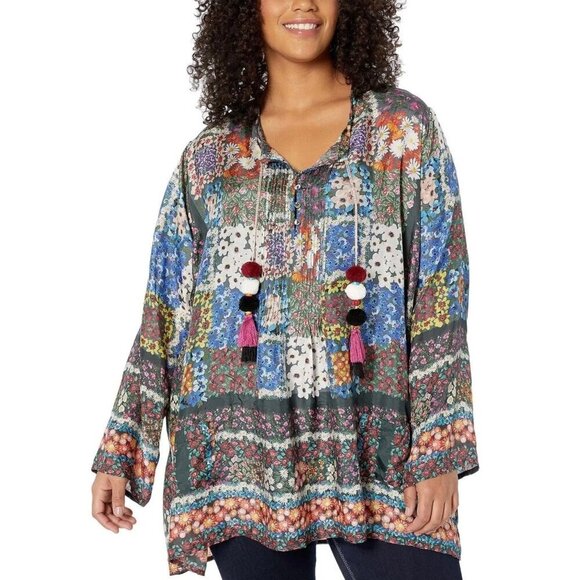 Johnny Was Tops - Johnny Was Daisy Patchwork Floral Silk Tunic Top Size XL